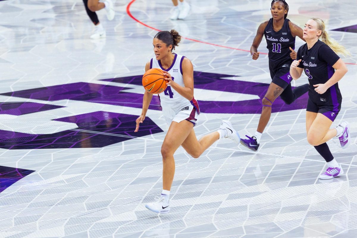 TCU guard Donovyn Hunter dribbles down the court at Schollmaier Arena in Fort Worth, Texas, Nov. 20, 2025. The TCU Horned Frogs beat the Tarleton State Texans 80-32. (TCU360/ Tyler Chan)