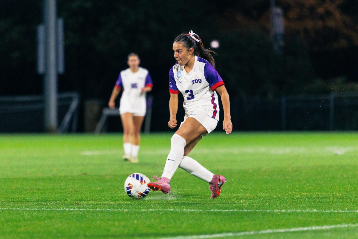 TCU forward AJ Hennessey dribbles the ball up the field at Garvey-Rosenthal Stadium in Fort Worth, Texas, Nov. 14, 2025. The TCU Horned Frogs beat the Grambling State Tigers 7-0. (TCU360/Tyler Chan)