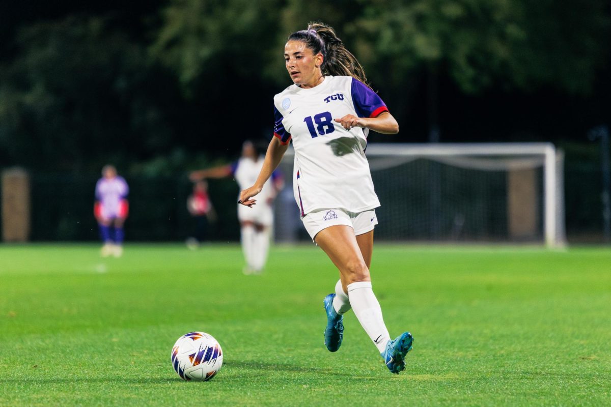 TCU midfielder Emma Yolinsky dribbles the ball up field at Garvey-Rosenthal Stadium in Fort Worth, Texas, Nov. 14, 2025. The TCU Horned Frogs beat the Grambling State Tigers 7-0. (TCU360/Tyler Chan)