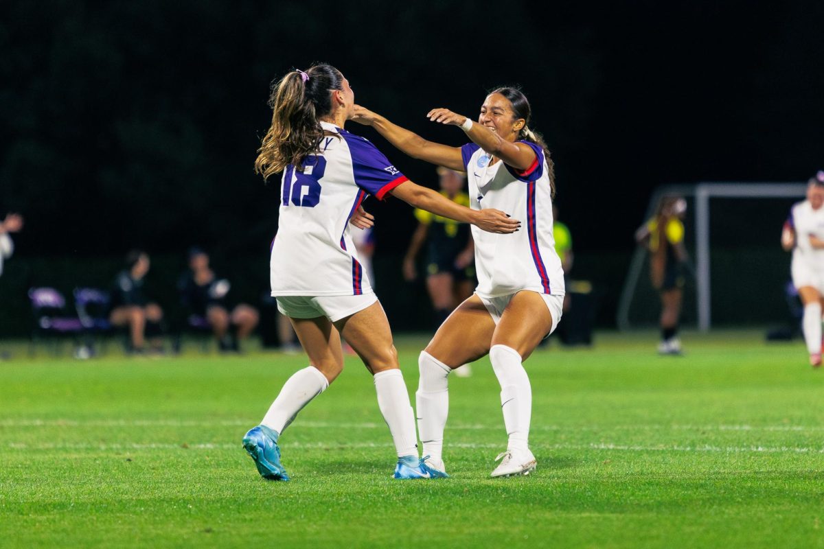 TCU players Emma Yolinsky (left) and Seven Castain (right) embrace after scoring a goal at Garvey-Rosenthal Stadium in Fort Worth, Texas, Nov. 14, 2025. The TCU Horned Frogs beat the Grambling State Tigers 7-0. (TCU360/Tyler Chan)