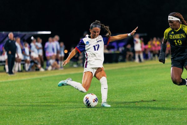 TCU defender Cameron Patton kicks the ball towards the net at Garvey-Rosenthal Stadium in Fort Worth, Texas, Nov. 14, 2025. The TCU Horned Frogs beat the Grambling State Tigers 7-0. (TCU360/Tyler Chan)
