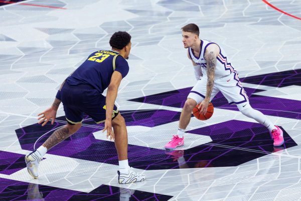TCU guard Brock Harding dribbles the ball up the court at Schollmaier Arena in Fort Worth, Texas, Nov. 14, 2025. The TCU Horned Frogs lost to the Michigan Wolverines 63-67. (TCU360/Tyler Chan)