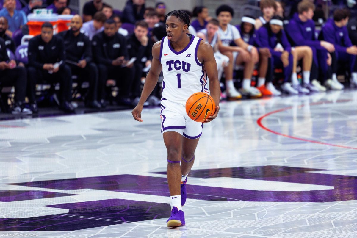 TCU guard Jayden Pierre dribbles the ball up the court at Schollmaier Arena in Fort Worth, Texas, Nov. 14, 2025. The TCU Horned Frogs lost to the Michigan Wolverines 63-67. (TCU360/Tyler Chan)