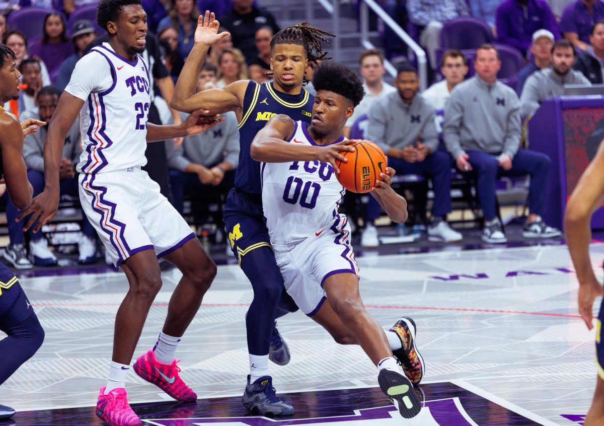 TCU forward Jace Posey drives to the basket at Schollmaier Arena in Fort Worth, Texas, Nov. 14, 2025. The TCU Horned Frogs lost to the Michigan Wolverines 63-67. (TCU360/Tyler Chan)