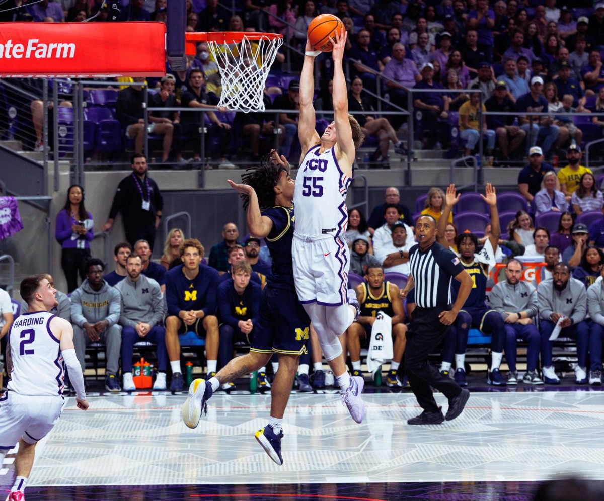 TCU guard Tanner Toolson dunks the ball at Schollmaier Arena in Fort Worth, Texas, Nov. 14, 2025. The TCU Horned Frogs lost to the Michigan Wolverines 63-67. (TCU360/Tyler Chan)