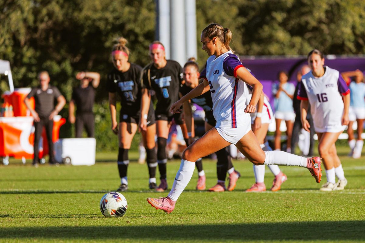 TCU midfielder Sydney Becerra shoots a penalty shot at Garvey-Rosenthal Stadium in Fort Worth, Texas, Nov. 3, 2025. The TCU Horned Frogs lost to the BYU Cougars 2-2 (3-4) in penalty kicks. (TCU360/Tyler Chan)