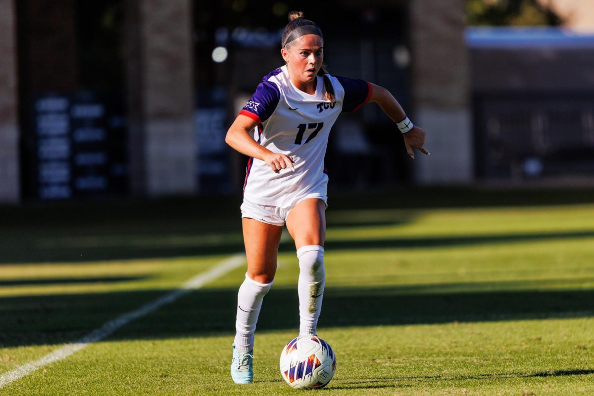 TCU defender Cameron Patton dribbles the ball down the field at Garvey-Rosenthal Stadium in Fort Worth, Texas, Nov. 3, 2025. The TCU Horned Frogs lost to the BYU Cougars 2-2 (3-4) in penalty kicks. (TCU360/Tyler Chan)