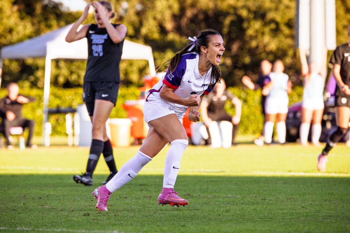 TCU forward AJ Hennessy celebrates after scoring a goal at Garvey-Rosenthal Stadium in Fort Worth, Texas, Nov. 3, 2025. The TCU Horned Frogs lost to the BYU Cougars 2-2 (3-4) in penalty kicks. (TCU360/Tyler Chan)