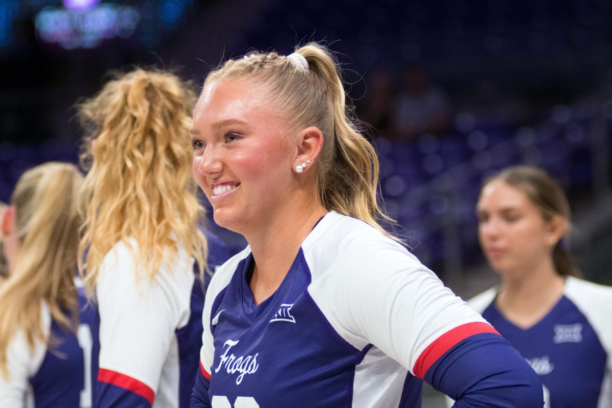 TCU defensive specialist Riley Weigelt smiles before the start of the game at Schollmaier Arena in Fort Worth, Texas, Nov. 7, 2025. The TCU Horned Frogs beat the Utah Utes 3-1. (TCU360/ Keegan Schmidt)