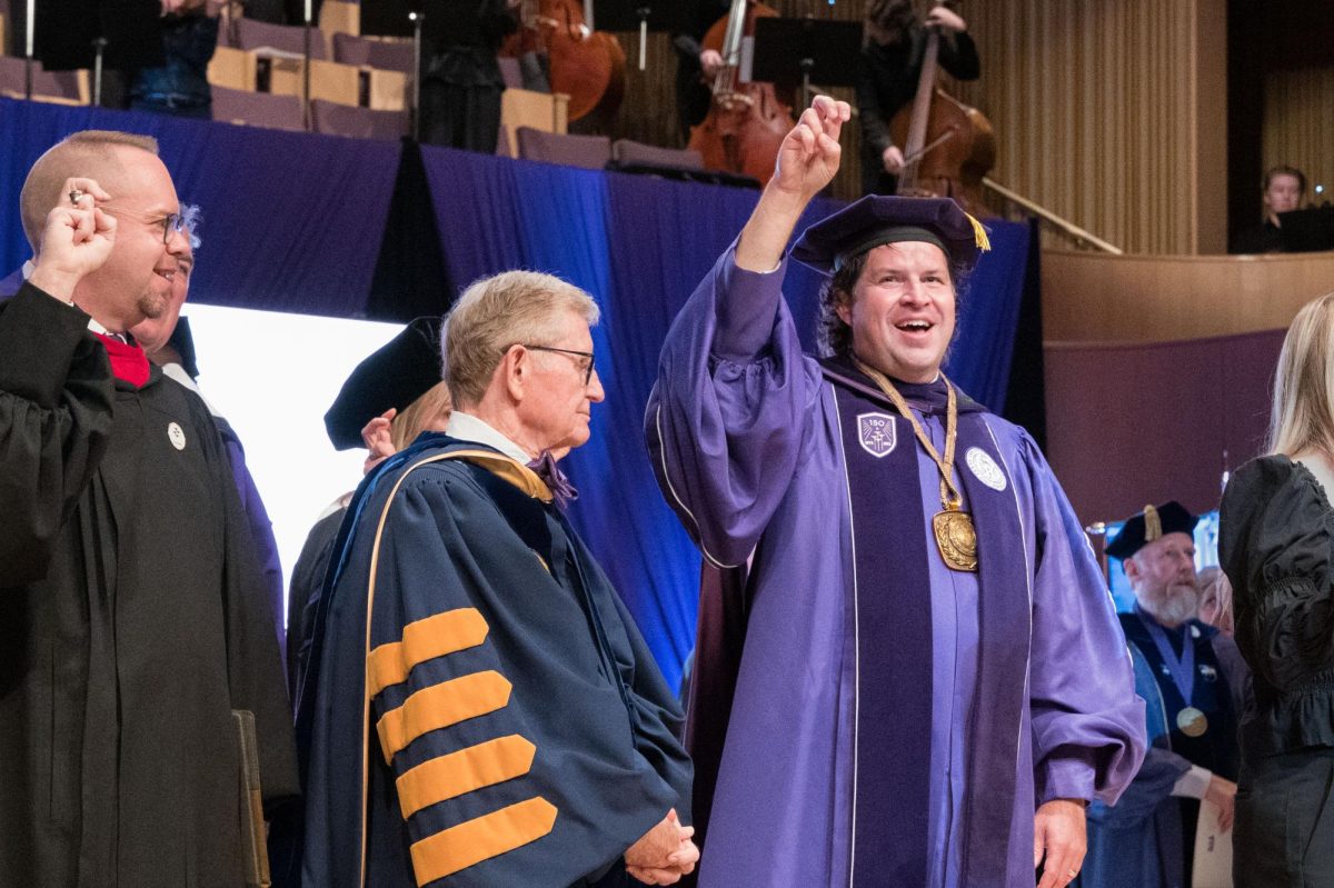 Chancellor Daniel Pullin sings  the TCU Alma Mater during his Inauguration at Van Cliburn Concert Hall in Fort Worth, Texas, Nov. 6, 2025. (TCU360/Keegan Schmidt)