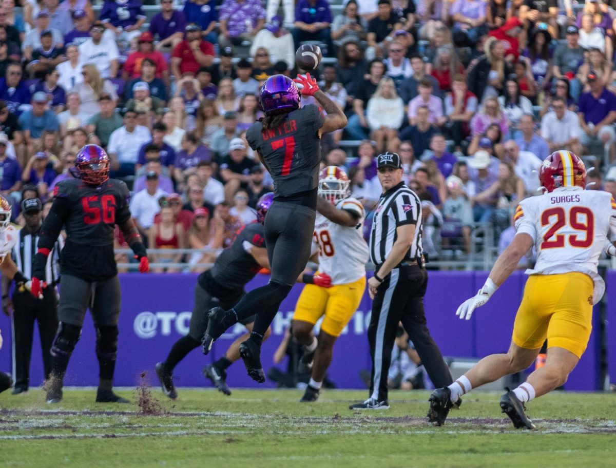 TCU wide receiver Jordan Dwyer goes up to catch a ball at Amon G. Carter Stadium in Fort Worth, Texas Nov. 8, 2025. The Horned Frogs lost to the Iowa State Cyclones 20-17 (Logan Pope/TCU360).