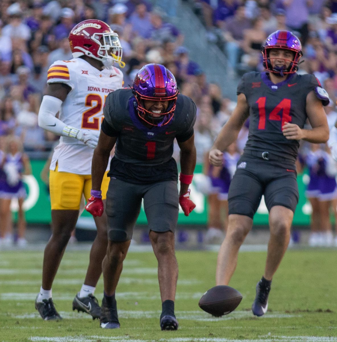 TCU wide receiver Eric McAlister celebrates after a long gain at Amon G. Carter Stadium in Fort Worth, Texas Nov. 8, 2025. The Horned Frogs lost to the Iowa State Cyclones 20-17 (Logan Pope/TCU360).