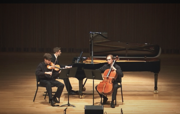 Three NuovoSound musicians perform Chase Morrison's piano trio “Skagway Heights” at the Fall 2024 TCU Student Composers Concert. (Photo courtesy of Chase Morrison)