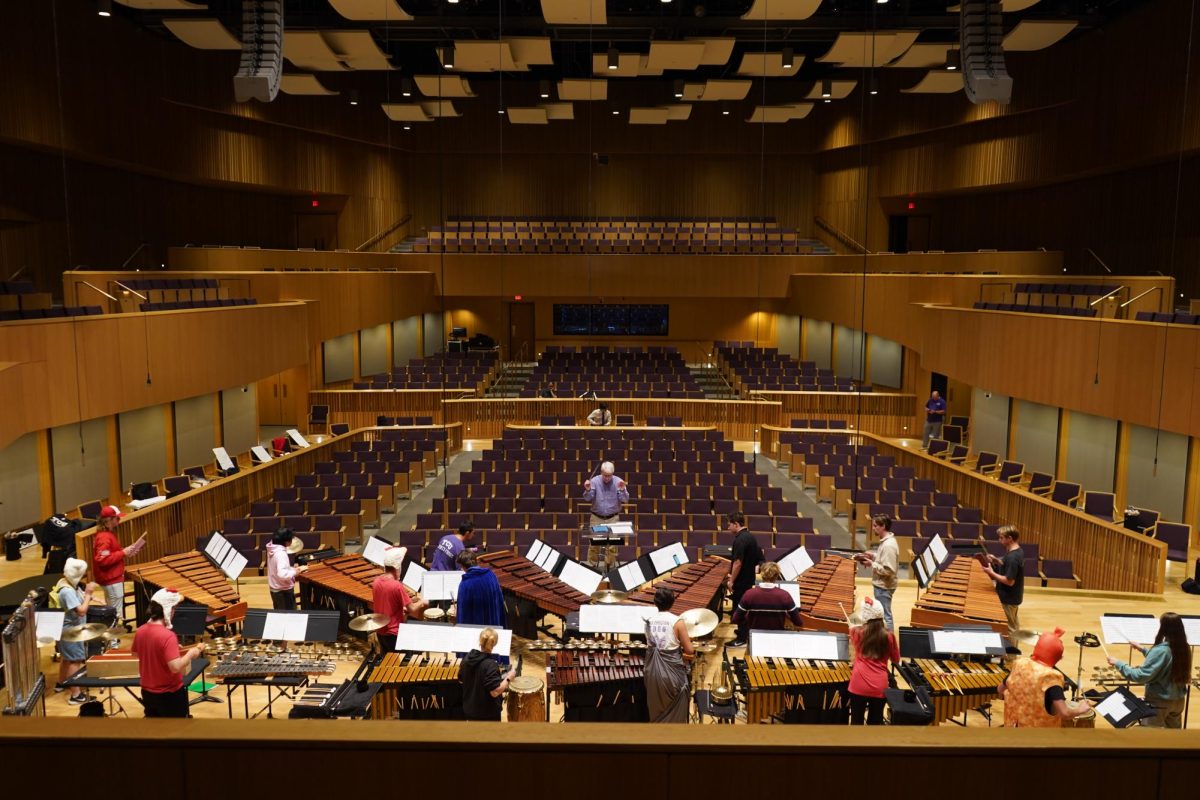 TCU percussion rehearse in the Van Cliburn Concert Hall. (Shana Lackey/Staff Writer)