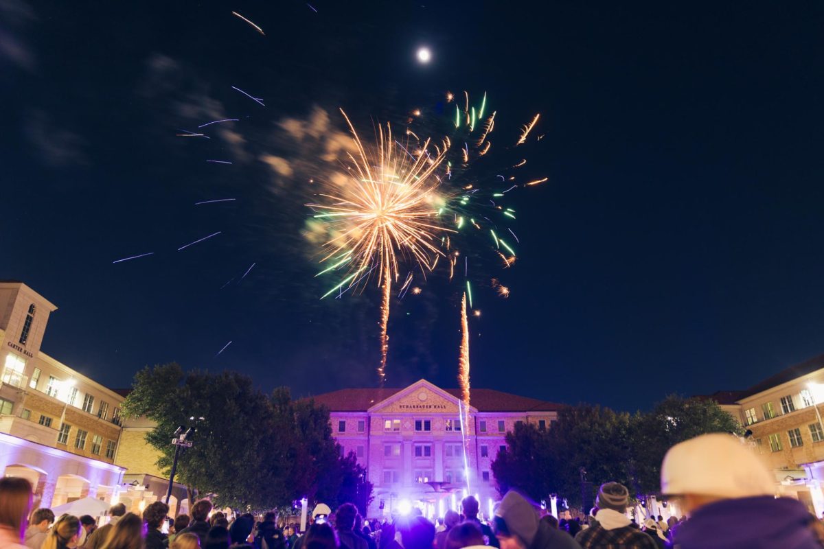 Fireworks being shot off during the TCU Tree Lighting celebration in Fort Worth, Texas, Dec. 2, 2025. (TCU360/Tyler Chan)