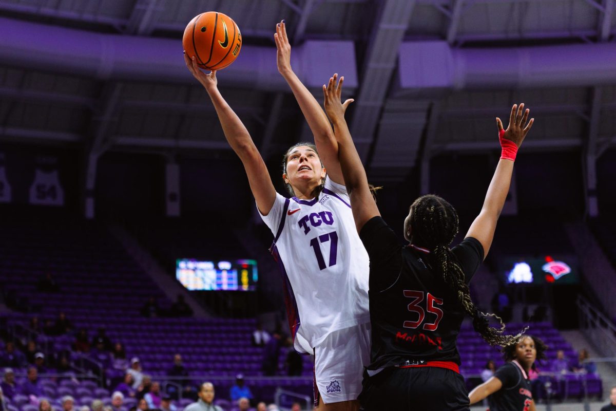 TCU center Clara Silva goes up for a shot at Schollmaier Arena in Fort Worth, Texas, Dec. 3, 2025. The TCU Horned Frogs beat the University of the Incarnate Word Cardinals 84-56. (TCU360/Tyler Chan)