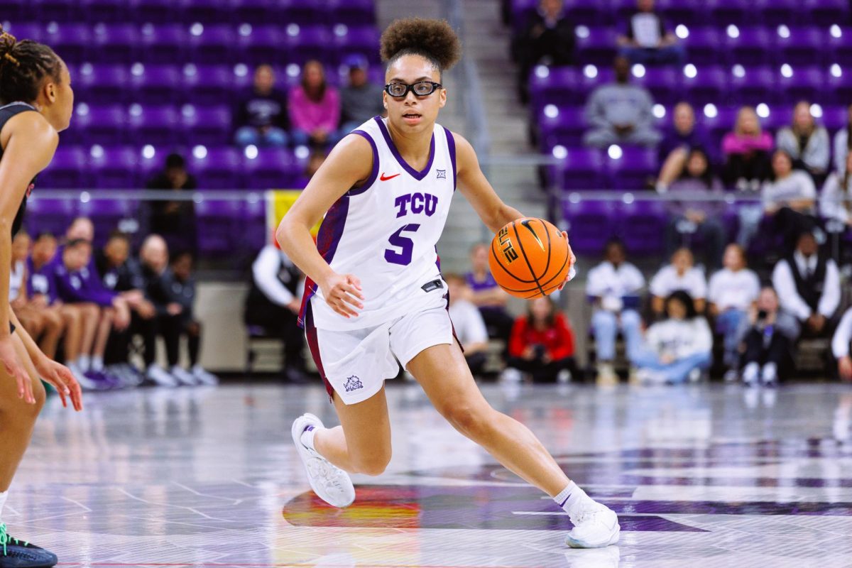 TCU guard Olivia Miles drives towards the basket at Schollmaier Arena in Fort Worth, Texas, Dec. 3, 2025. The TCU Horned Frogs beat the University of the Incarnate Word Cardinals 84-56. (TCU360/Tyler Chan)