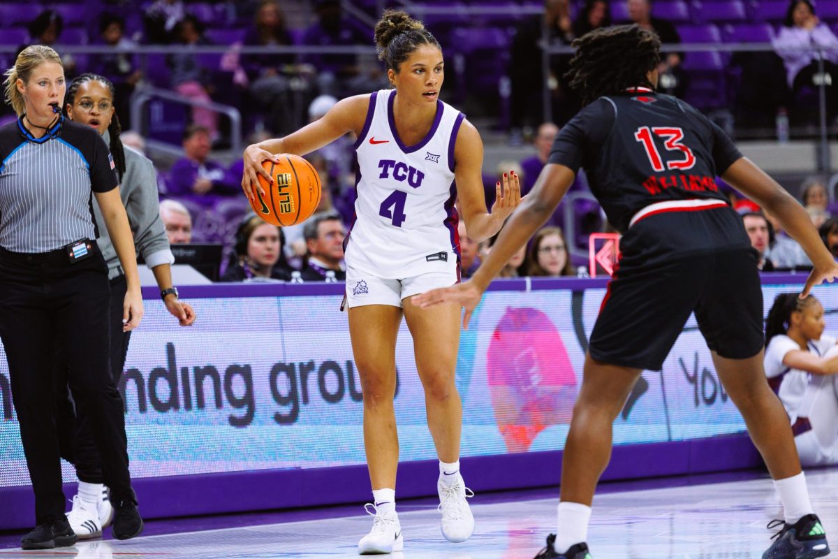 TCU guard Donovyn Hunter dribbles the ball at Schollmaier Arena in Fort Worth, Texas, Dec. 3, 2025. The TCU Horned Frogs beat the University of the Incarnate Word Cardinals 84-56. (TCU360/Tyler Chan)