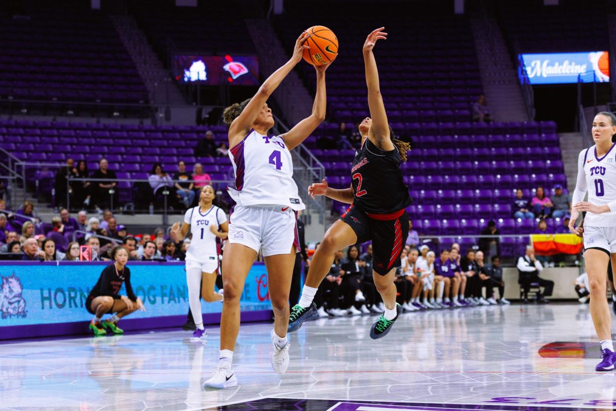 TCU guard Donovyn Hunter catches a pass from her teammate at Schollmaier Arena in Fort Worth, Texas, Dec. 3, 2025. The TCU Horned Frogs beat the University of the Incarnate Word Cardinals 84-56. (TCU360/Tyler Chan)
