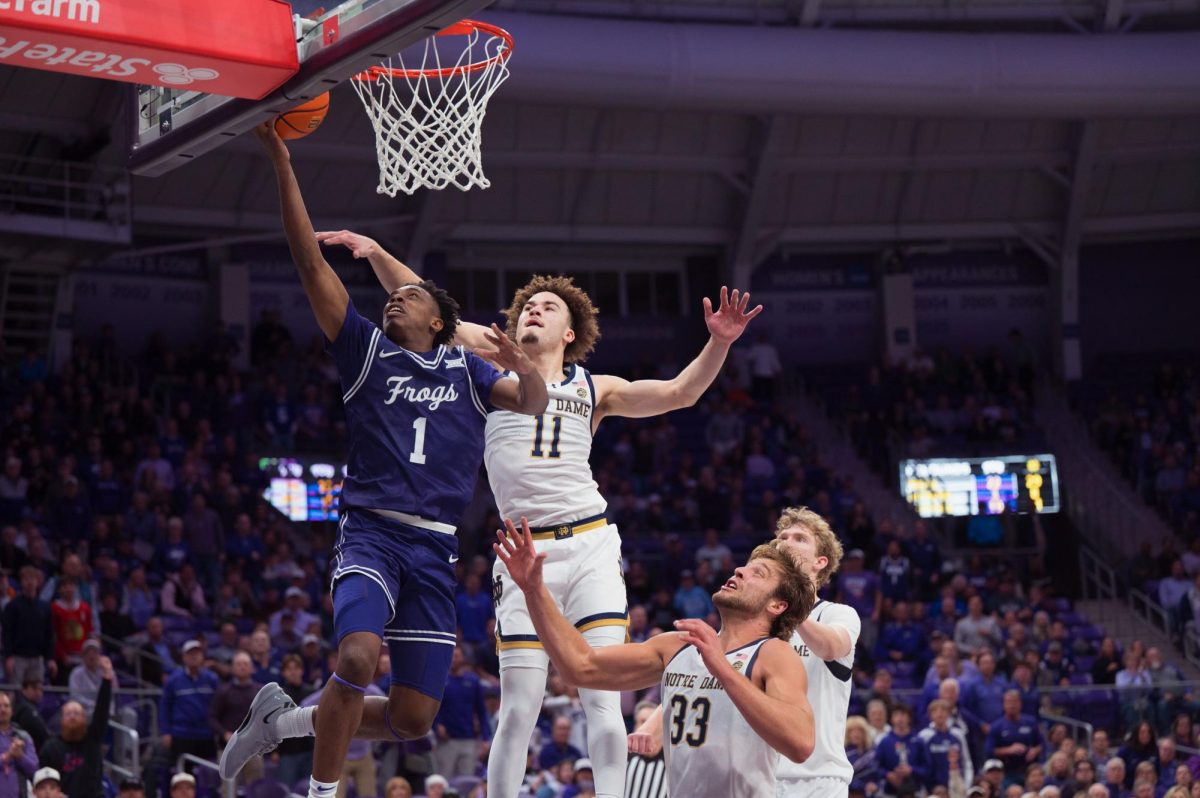 TCU guard Jayden Pierre jumps for a layup at Schollmaier Arena in Fort Worth, Texas, Dec. 5, 2025. The TCU Horned Frogs lost to the Notre Dame Fighting Irish 85-87. (TCU360/Keegan Schmidt)