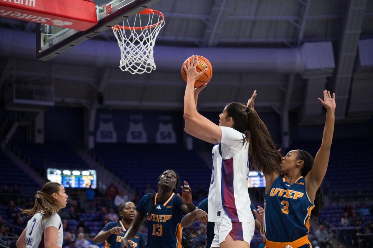 TCU center Clara Silva jumps up for a shot at Schollmaier Arena in Fort Worth, Texas, Dec. 6, 2025. The TCU Horned Frogs beat the University of Texas at El Paso Miners 95-40. (TCU360/Keegan Schmidt)