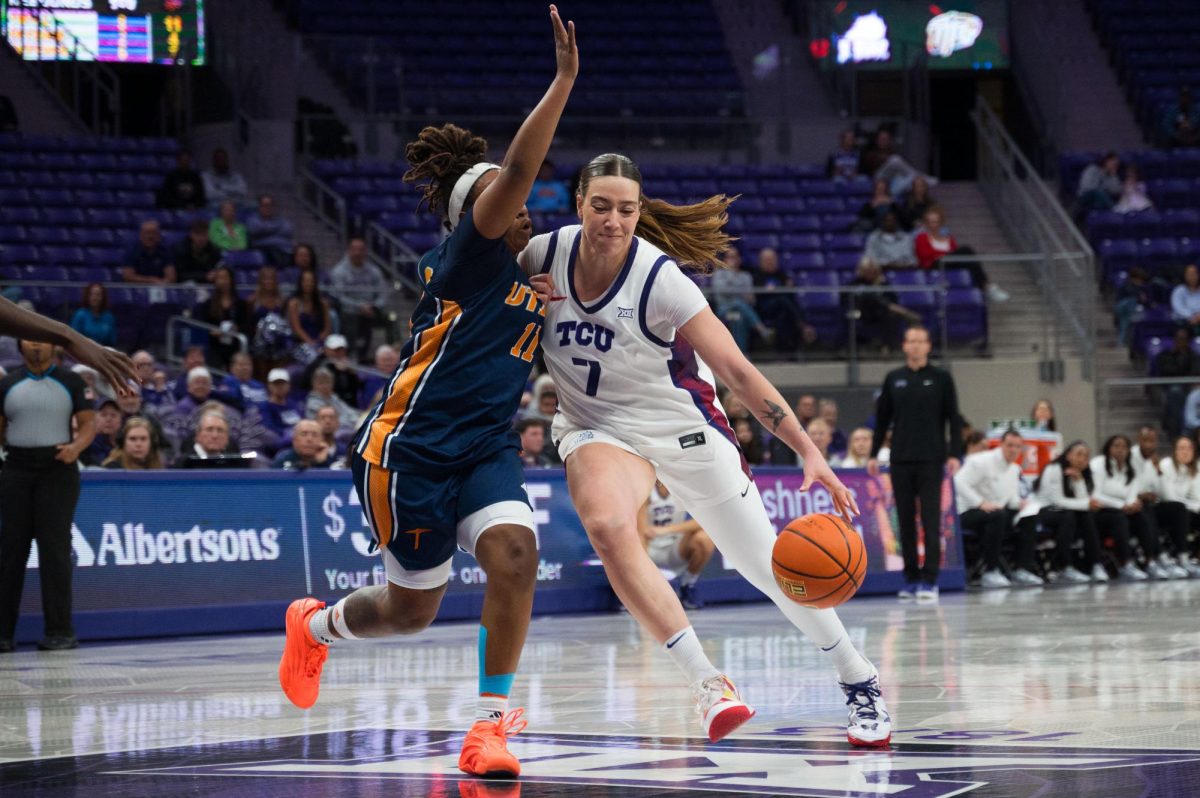 TCU forward Marta Suarez dribbles the ball up the court at Schollmaier Arena in Fort Worth, Texas, Dec. 6, 2025. The TCU Horned Frogs beat the University of Texas at El Paso Miners 95-40. (TCU360/Keegan Schmidt)