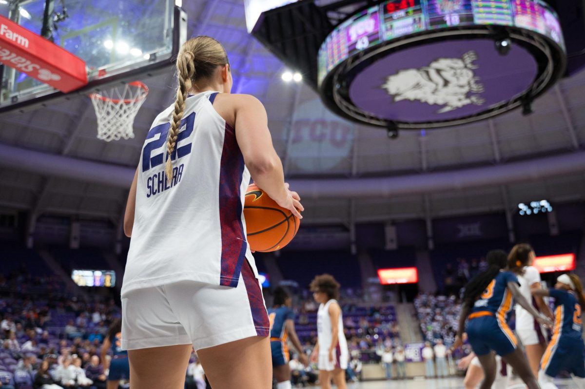 TCU guard Maddie Scherr prepares to throw in the ball at Schollmaier Arena in Fort Worth, Texas, Dec. 6, 2025. The TCU Horned Frogs beat the University of Texas at El Paso Miners 95-40. (TCU360/Keegan Schmidt)