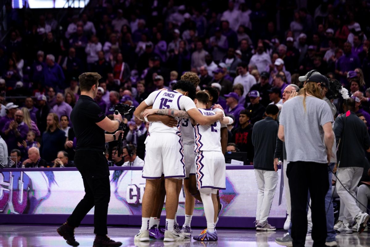 TCU mens basketball players huddle together before tip-offat Schollmaier Arena in Fort Worth, Texas, Jan. 10, 2026. The TCU Horned Frogs lost to the Arizona Wildcats 73-86.(TCU360/Tyler Wong)