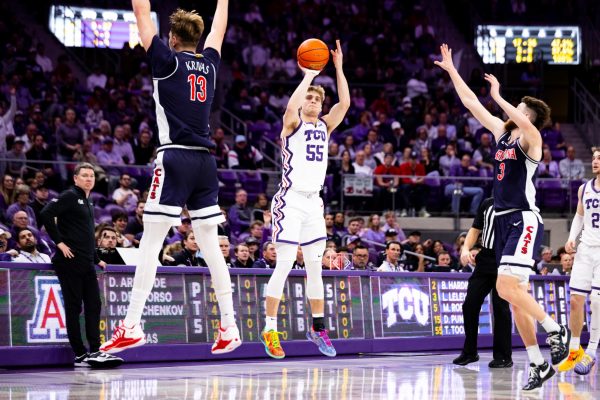 TCU guard Tanner Toolson shoots a three pointer at Schollmaier Arena in Fort Worth, Texas, Jan. 10, 2026. The TCU Horned Frogs lost to the Arizona Wildcats 73-86.(TCU360/Tyler Wong)