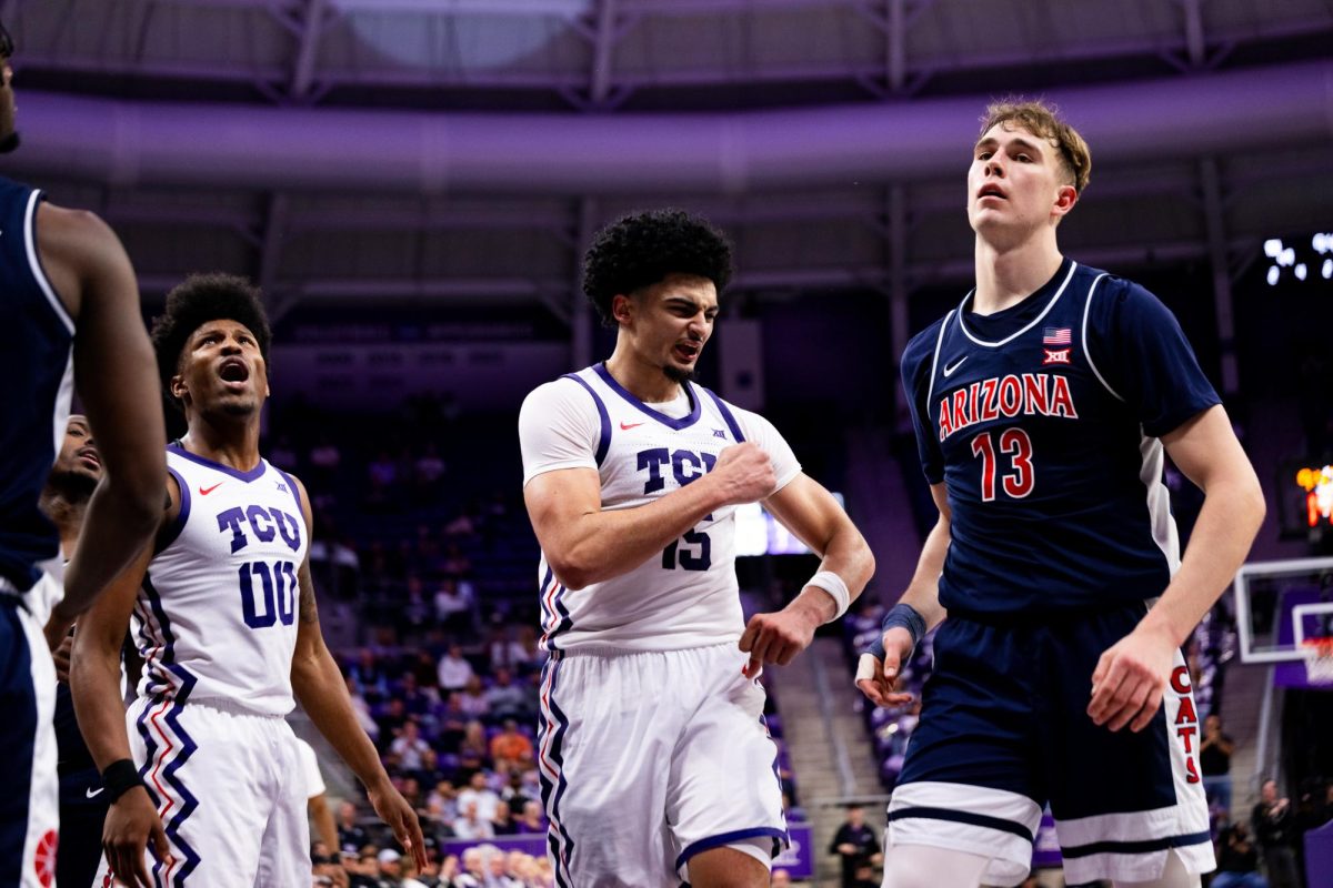 TCU forward David Punch celebrates after making a shot at Schollmaier Arena in Fort Worth, Texas, Jan. 10, 2026. The TCU Horned Frogs lost to the Arizona Wildcats 73-86.(TCU360/Tyler Wong)