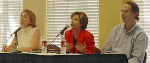 Barbara Herman, associate vice chancellor for student affairs (center), answers a question posed by an audience member at the town hall meeting Wednesday in the Brown-Lupton Student Center. The other panelists are Catherine Wehlburg, director of the Center for Teaching Excellence (left), and Andy Fort, chairman of the Faculty Senate.