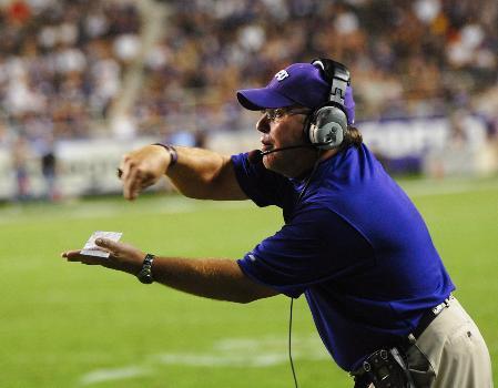 TCU head coach Gary Patterson calls a play from the sidelines during a home game against Texas State September 19.