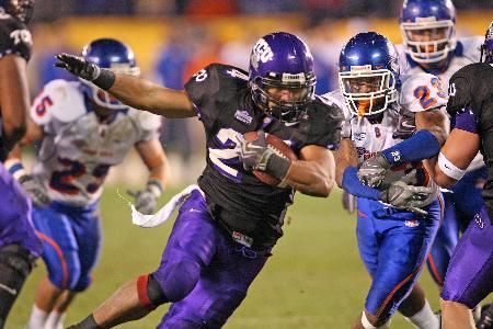 TCU tailback Joseph Turner runs for a touchdown against Boise State in the fourth quarter of the San Diego County Credit Union Poinsettia Bowl in San Diego, Calif., in December 2008. TCU defeated Boise State, 17-16. Photo by Ron Jenkins, Fort Worth Star-Telegram via MCT